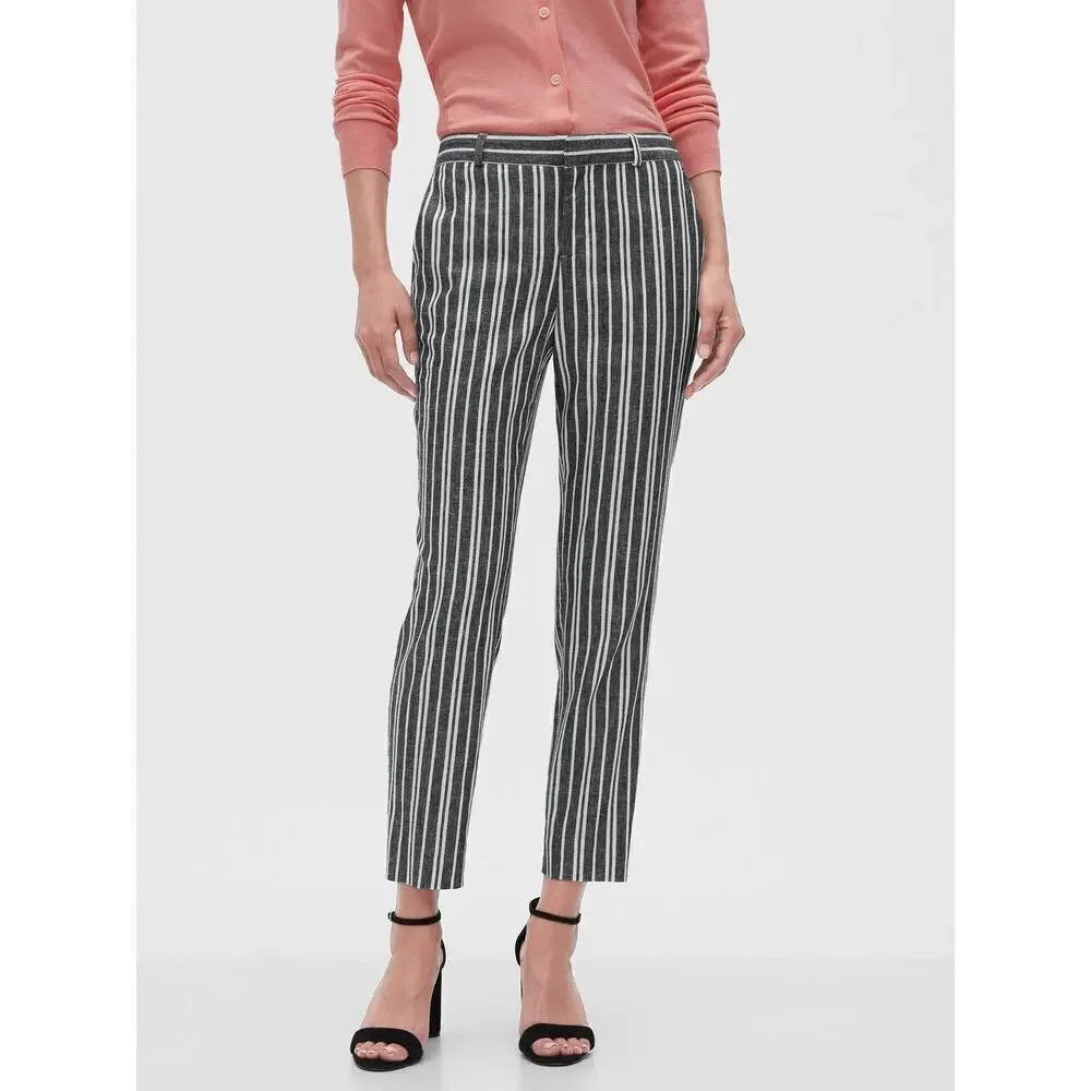 Banana Republic Size 6 Avery Striped Linen Blend Tailored Ankle Pants Black